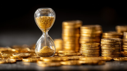 Hourglass among coin stacks illustrating the time value of money; a reminder that disciplined patience and planning convert moments into compounded wealth.
