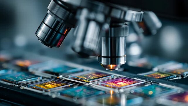 Macro microscope circuit board microchip semiconductor technology research laboratory precision optics sensor lens focus science engineering