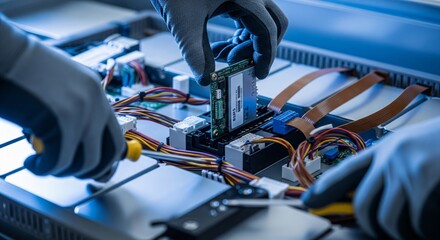 Technician assembling EV battery management system