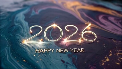 Sparkling 2026 New Year Celebration on Abstract Fluid Art Background with Gold Accents