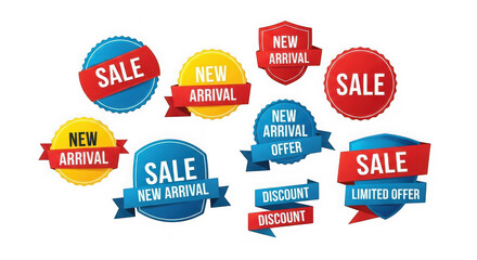 Collection of sale and new arrival badges isolated on transparent background