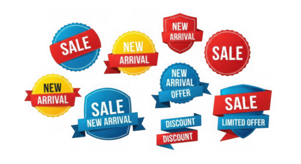 Collection of sale and new arrival badges isolated on transparent background