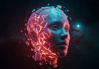 A colossal stone head shatters and glows from within while floating in the vastness of outer space.