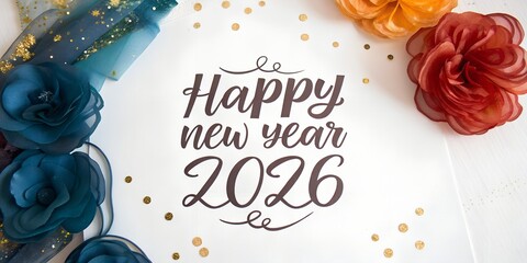 Elegant Happy New Year 2026 Celebration with Flowers and Confetti on White Background