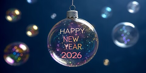 Happy New Year 2026 Celebration with a Glass Ornament and Bubbles