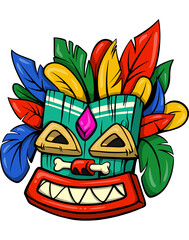 Colorful Tiki Mask Illustration with Feathers