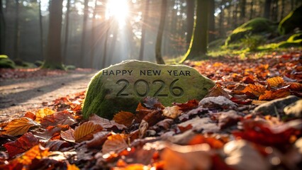 Happy New Year 2026 Carved in Stone in Autumn Forest Setting