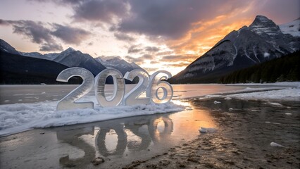 Ice Sculpture of 2020 on Frozen Lake with Mountain Backdrop at Sunset