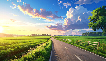 アニメ風景。空。草原。道。Anime scenery. Sky. Grassland. Road.