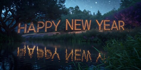 Happy New Year illuminated text reflected in water under a starry night sky