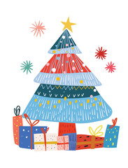 Decorated Christmas tree with star on top surrounded by gifts and fireworks. Colorful vector illustration isolated on white background. Holiday and winter celebration concept. Design for greeting card