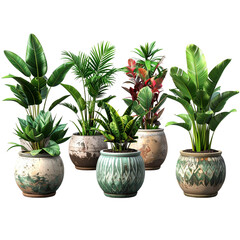 Obraz premium Collection of beautiful plants in ceramic pots isolated on transparent background. 3D render 