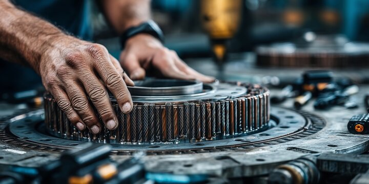 Technician assembling electric motor stator in workshop