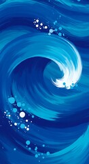 An abstract painting of a powerful, swirling blue ocean wave with white sea foam.