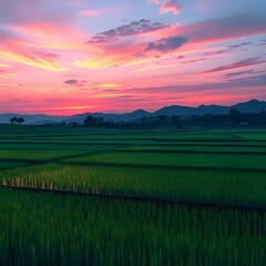 Anime-style glowing rice paddies reflecting the colorful dusk sky in perfect stillness.