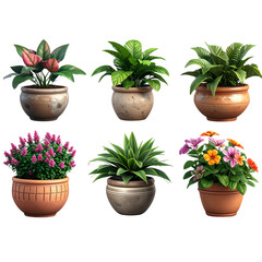 Fototapeta premium Collection of beautiful plants in ceramic pots isolated on transparent background. 3D render 