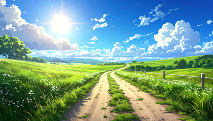 アニメ風景。空。草原。道。Anime scenery. Sky. Grassland. Road.