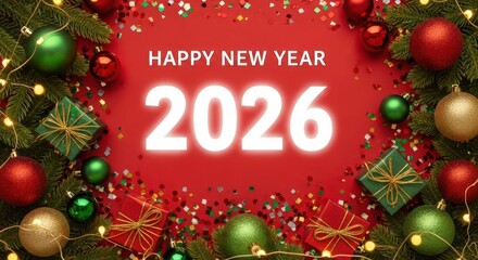 Happy new year 2026 festive celebration with glowing lights and ornaments creating a vibrant holiday scene