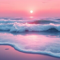 Anime-style glowing waves breaking gently on a beach under pink evening light.