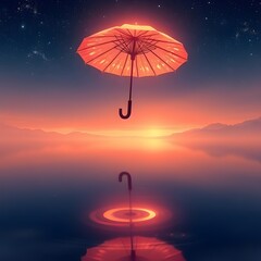 Anime-style glowing umbrella drifting slowly above a still lake.
