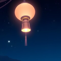 Anime-style glowing bell hanging in the night sky, radiating soft silver light.