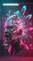 A screaming cybernetic head in profile shatters, erupting with glowing pink light and large turquoise crystals.