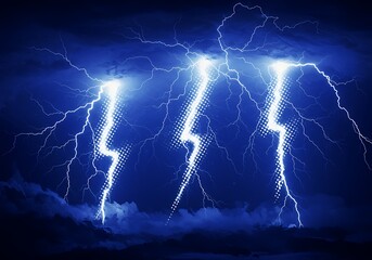 Three powerful lightning bolts with a graphic halftone effect striking from a dark blue stormy sky.