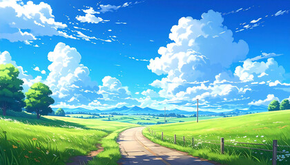 アニメ風景。空。草原。道。Anime scenery. Sky. Grassland. Road.