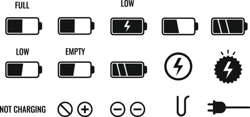 Battery Level Icons Set with Charging Indicator in Black and White Silhouette Design