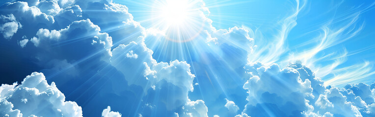 Sunbeams breaking through soft blue clouds creating heavenly glowing sky