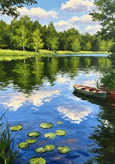 A serene lake scene with a boat resting near the shore, reflecting the sky and surrounding trees.
