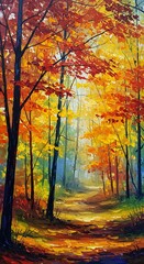 A vibrant oil painting captures the essence of an autumn forest path bathed in warm, golden sunlight, with trees adorned in fiery red and yellow foliage.