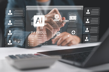 Businessman using AI and digital tools for salary management, payroll automation, accounting, financial analysis, and employee data management through online systems.