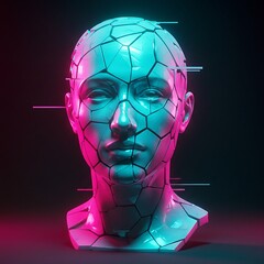 A striking 3D render of a fragmented human head sculpture illuminated by vibrant pink and cyan neon lights against a dark background.