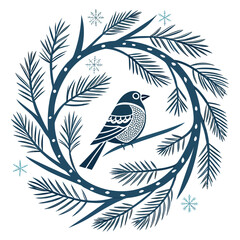 Winter bird sitting on a branch illustration
