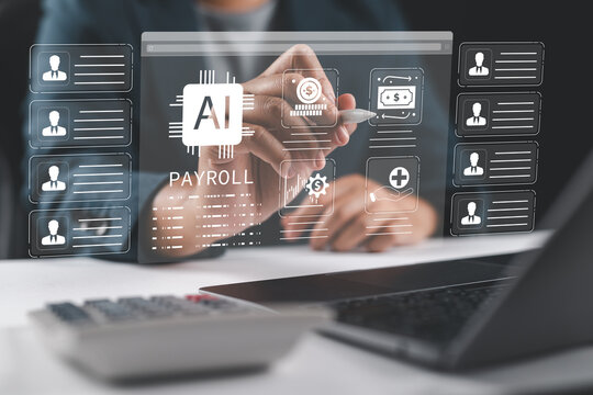 Businessman using AI and digital tools for salary management, payroll automation, accounting, financial analysis, and employee data management through online systems.