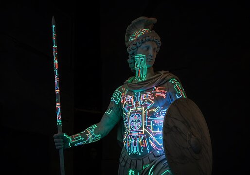 A statue of a warrior adorned with glowing circuit board patterns, holding a spear and shield.