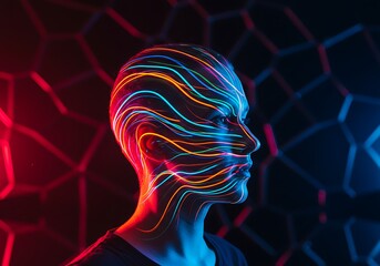 Abstract head with colorful light trails, symbolizing technology, artificial intelligence, or futuristic concepts.