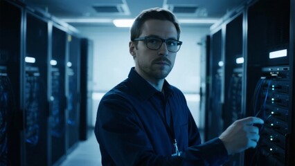 A technician in a data center server room, monitoring equipment with focused attention.