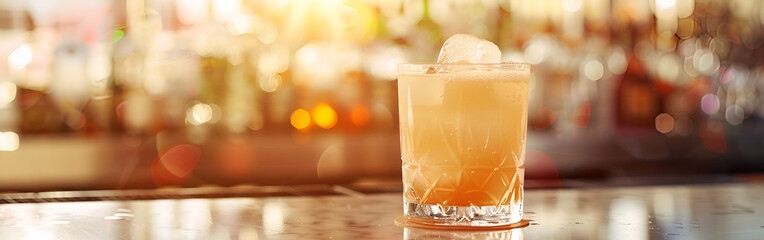 Cold creamy drink in tall glass glowing under warm ambient light