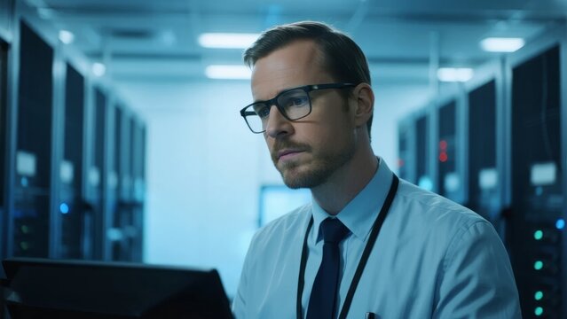Man in formal attire working on laptop in a server room