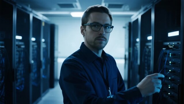 A technician in a data center server room, monitoring equipment with focused attention.