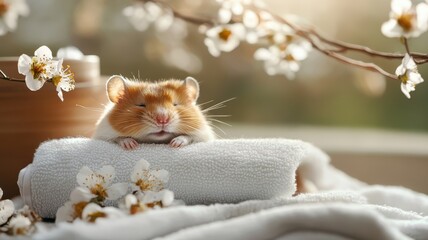 A hamster relaxing in a cozy spa with exotic flowers and plush amenities, enjoying ultimate comfort and pampering.