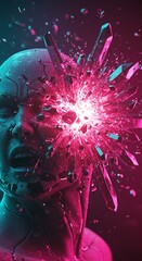 A person's head explodes with shards of crystal and bright pink light, a dramatic and surreal visual.