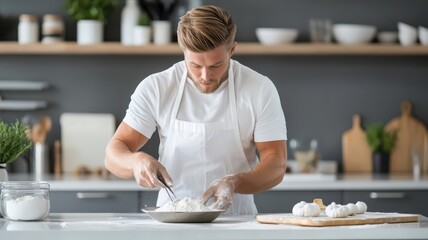 Blonde man baking, modern kitchen, mixing ingredients, clean and organized workspace.