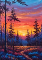 Vibrant sunset painting of a forest with tall trees and a path.