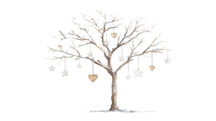 Fototapeta premium A bare tree adorned with hanging decorations in shape of stars and hearts, a perfect image for the festive season
