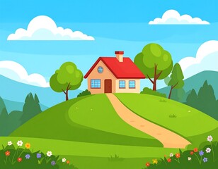 Cartoon house on a sunny green hill landscape