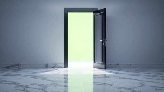 An open door bathed in bright green light, casting a shadow on a marble floor.