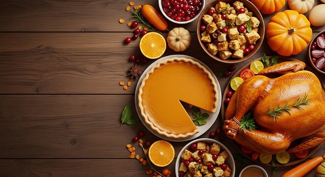 Abundant thanksgiving feast displayed on a rustic wooden table featuring a golden roasted turkey pumpkin pie stuffing oranges pomegranates and mini pumpkins creating a festive autumnal scene